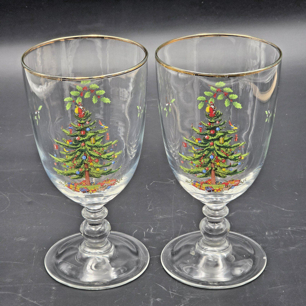 Spode Christmas Tree Water Goblets 2 Glass Set 7" Multicolor Gold Rim Trim